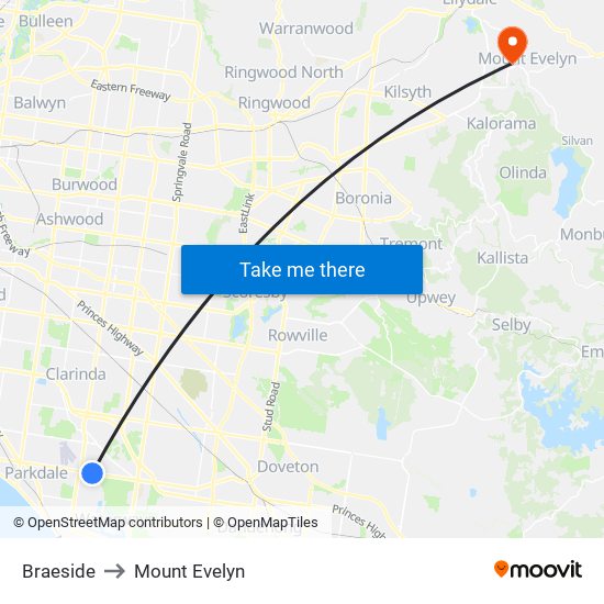 Braeside to Mount Evelyn map