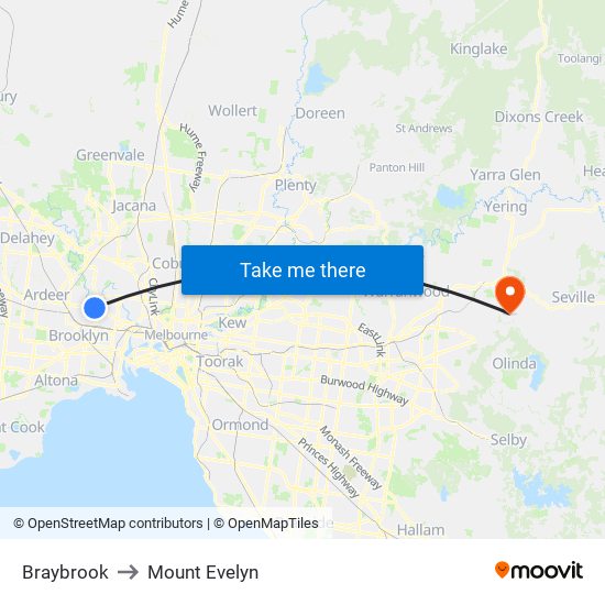 Braybrook to Mount Evelyn map