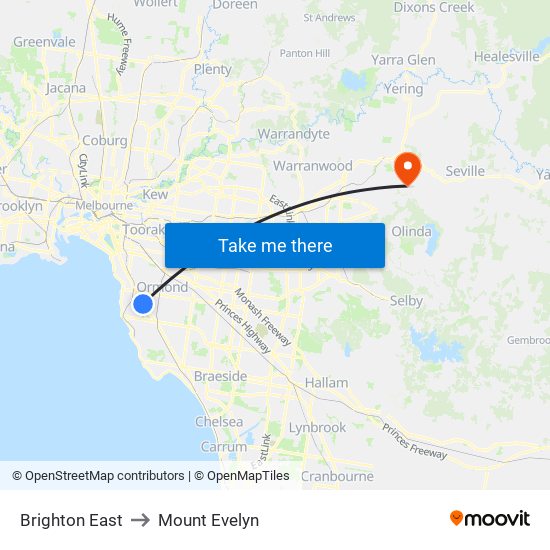 Brighton East to Mount Evelyn map