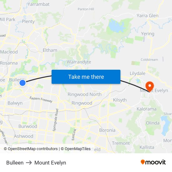 Bulleen to Mount Evelyn map