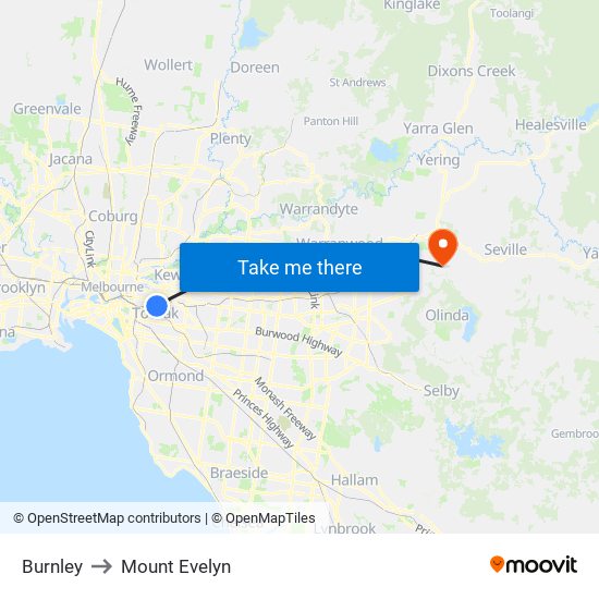 Burnley to Mount Evelyn map