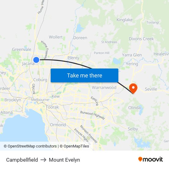 Campbellfield to Mount Evelyn map