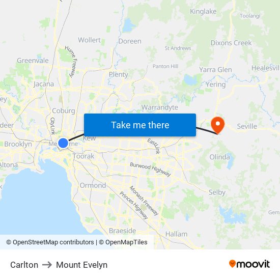 Carlton to Mount Evelyn map