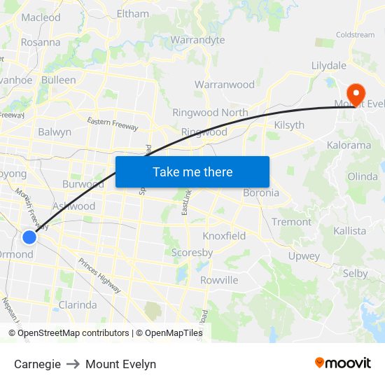 Carnegie to Mount Evelyn map