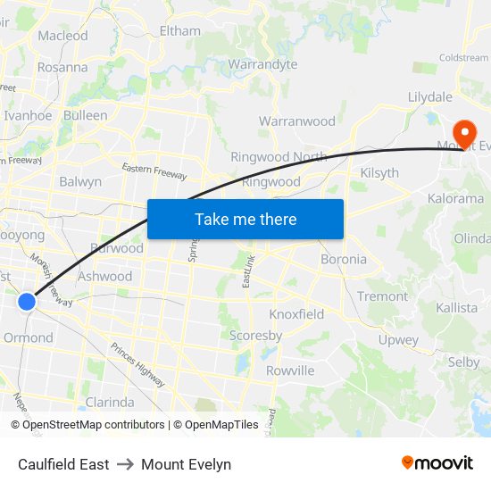 Caulfield East to Mount Evelyn map