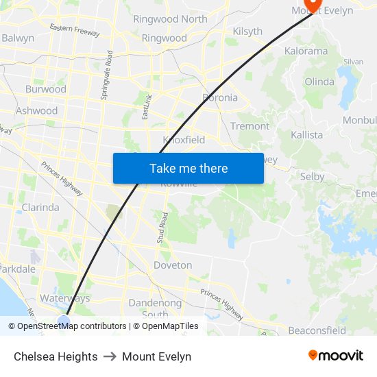 Chelsea Heights to Mount Evelyn map