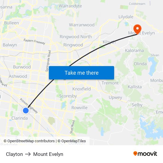 Clayton to Mount Evelyn map