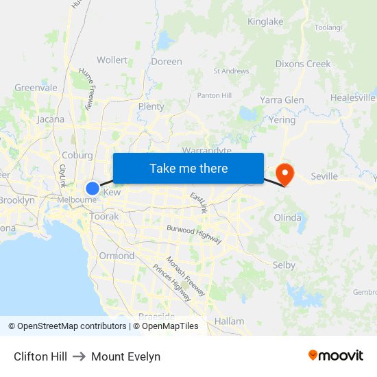 Clifton Hill to Mount Evelyn map