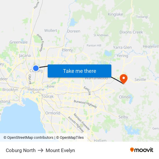 Coburg North to Mount Evelyn map