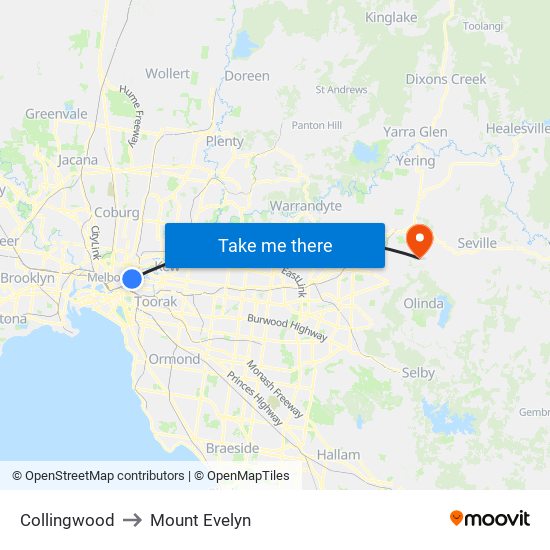 Collingwood to Mount Evelyn map
