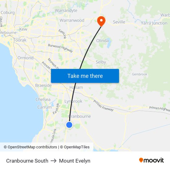 Cranbourne South to Mount Evelyn map