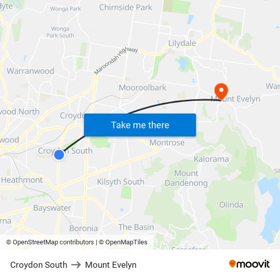 Croydon South to Mount Evelyn map