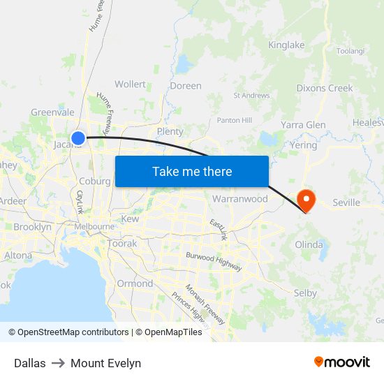 Dallas to Mount Evelyn map