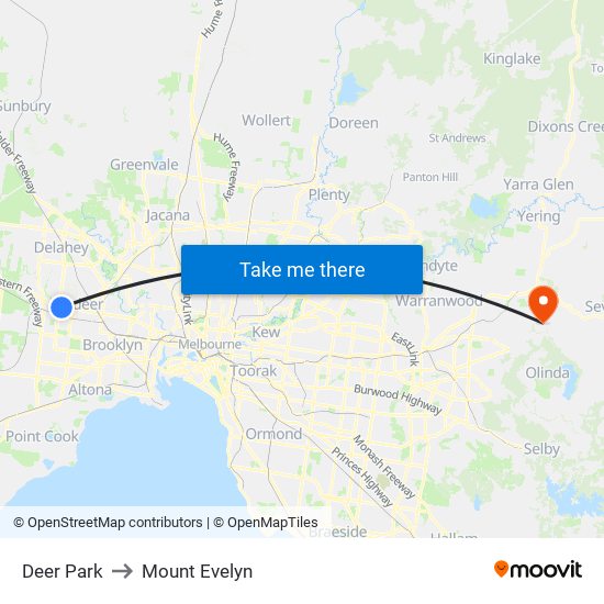 Deer Park to Mount Evelyn map