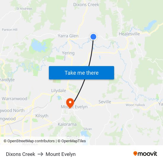 Dixons Creek to Mount Evelyn map