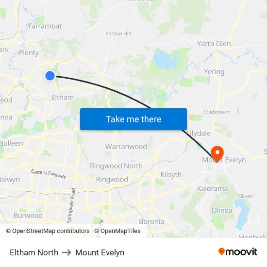 Eltham North to Mount Evelyn map