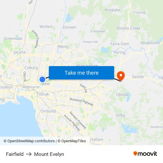 Fairfield to Mount Evelyn map