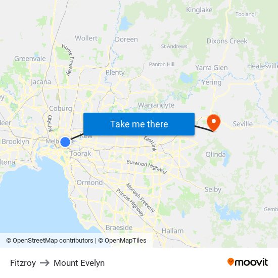 Fitzroy to Mount Evelyn map