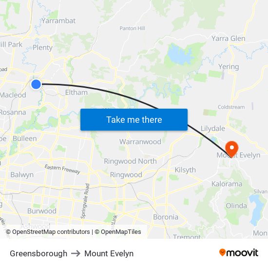 Greensborough to Mount Evelyn map