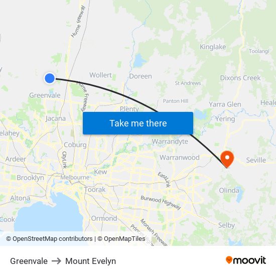 Greenvale to Mount Evelyn map