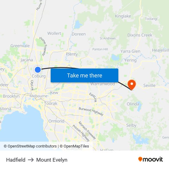 Hadfield to Mount Evelyn map