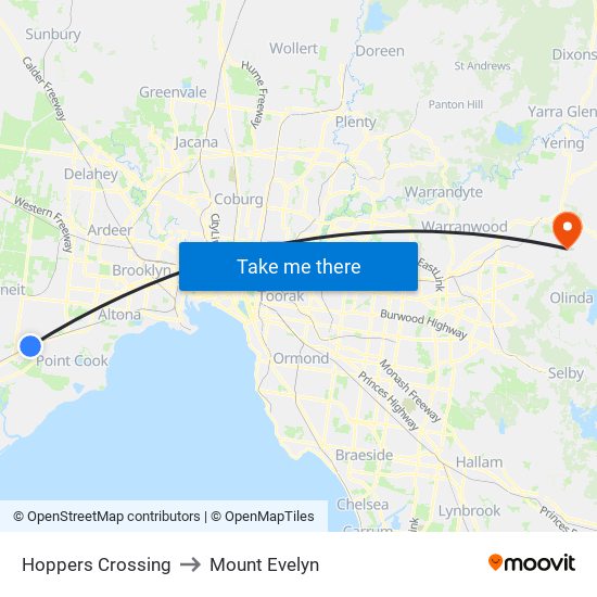 Hoppers Crossing to Mount Evelyn map