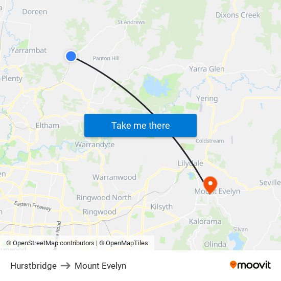 Hurstbridge to Mount Evelyn map