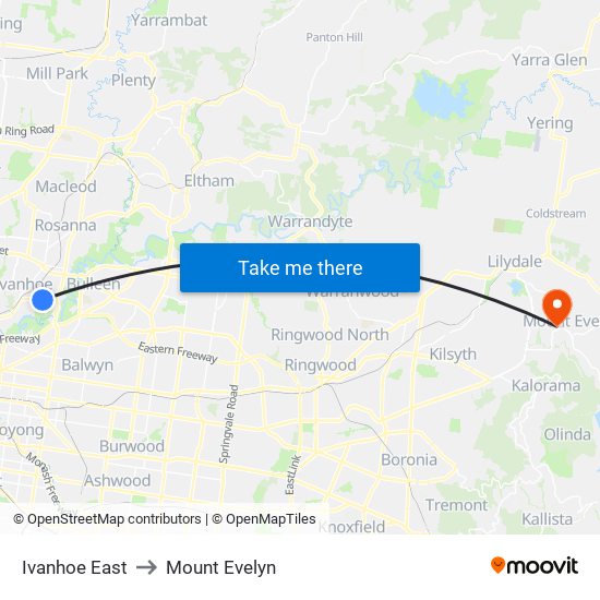 Ivanhoe East to Mount Evelyn map