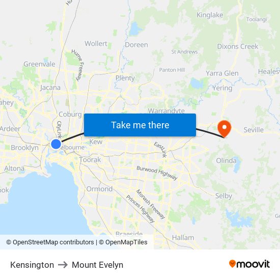 Kensington to Mount Evelyn map