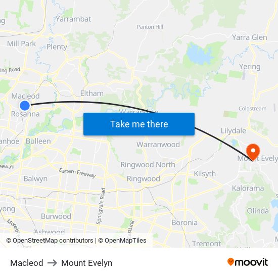 Macleod to Mount Evelyn map