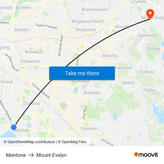 Mentone to Mount Evelyn map