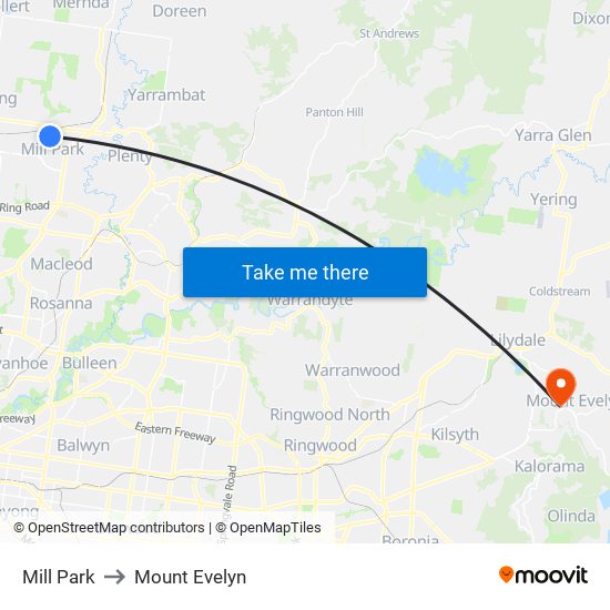 Mill Park to Mount Evelyn map