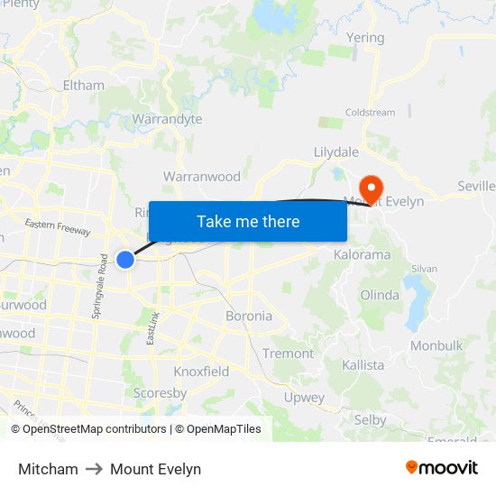Mitcham to Mount Evelyn map