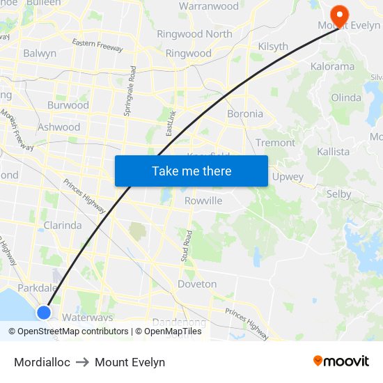 Mordialloc to Mount Evelyn map