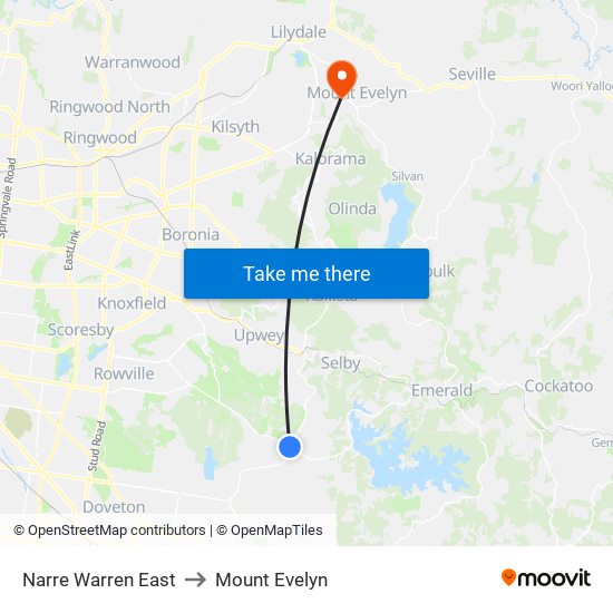 Narre Warren East to Mount Evelyn map