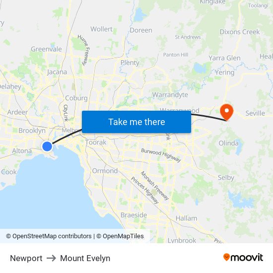 Newport to Mount Evelyn map