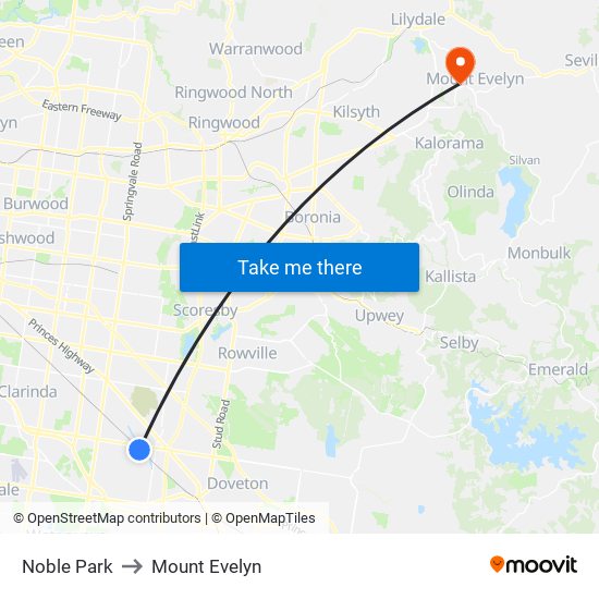Noble Park to Mount Evelyn map