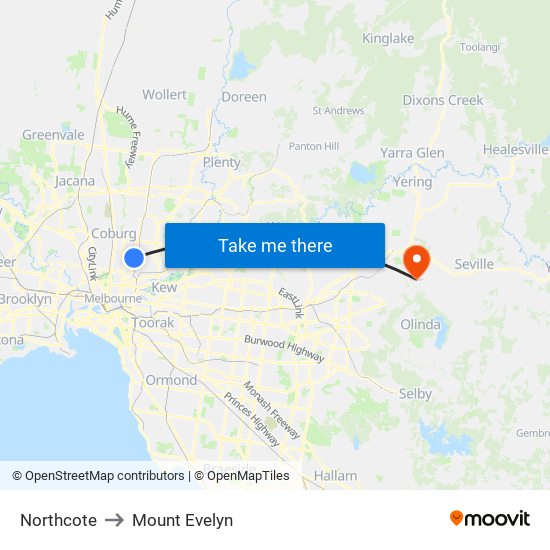 Northcote to Mount Evelyn map