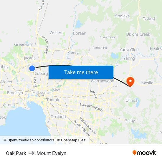 Oak Park to Mount Evelyn map