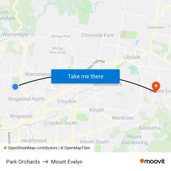 Park Orchards to Mount Evelyn map