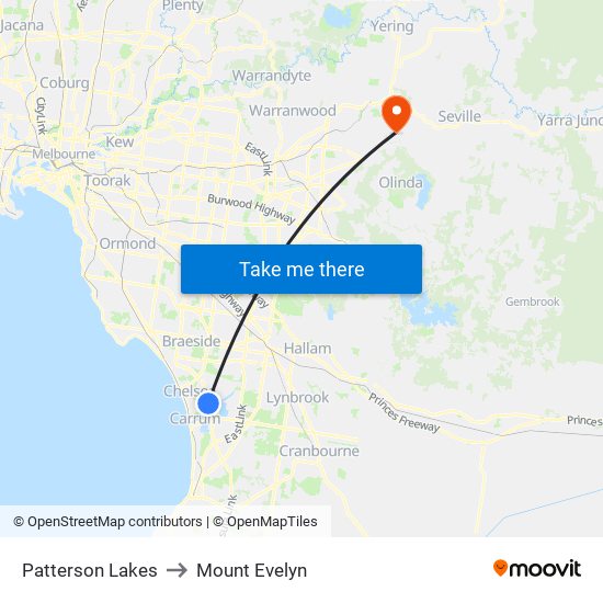 Patterson Lakes to Mount Evelyn map