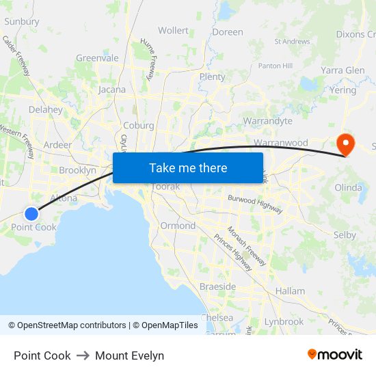 Point Cook to Mount Evelyn map