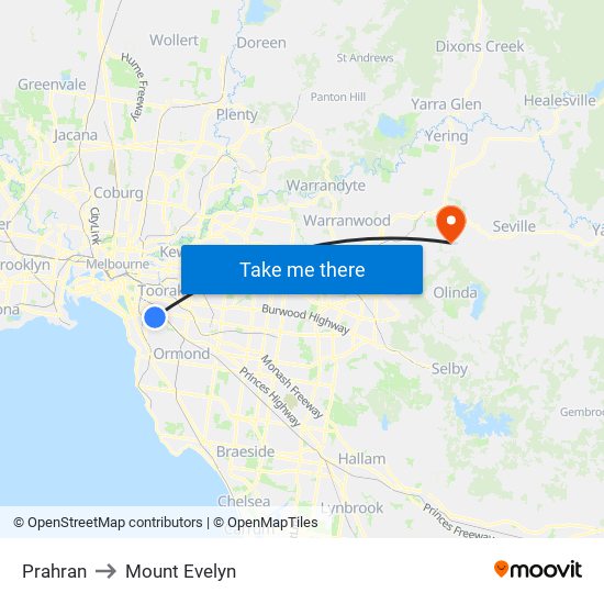 Prahran to Mount Evelyn map