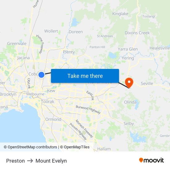 Preston to Mount Evelyn map