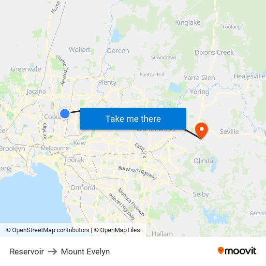 Reservoir to Mount Evelyn map