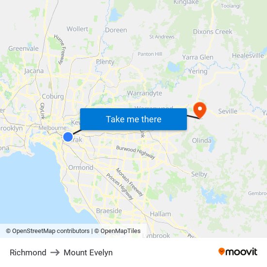 Richmond to Mount Evelyn map