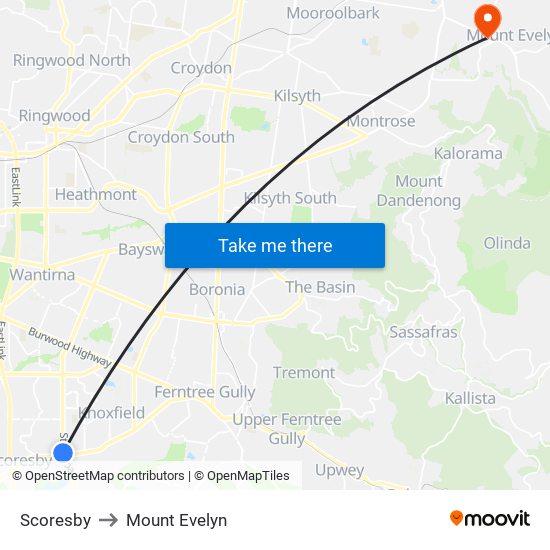 Scoresby to Mount Evelyn map