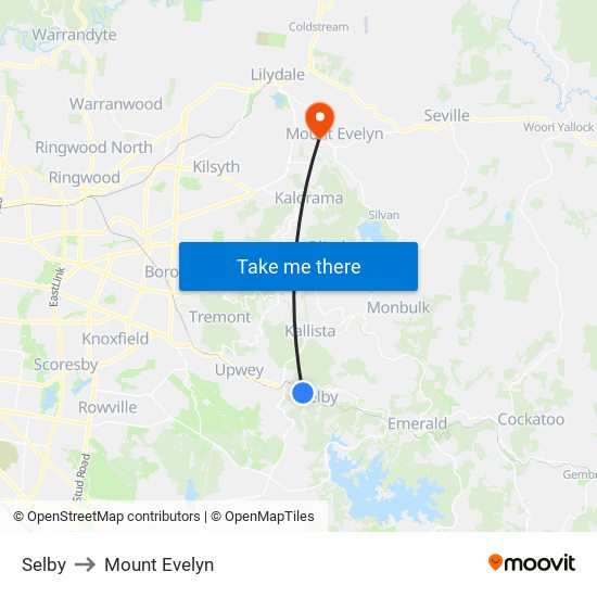 Selby to Mount Evelyn map