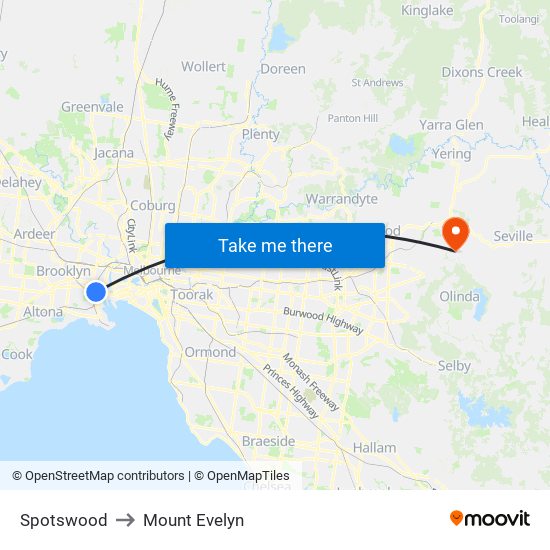 Spotswood to Mount Evelyn map