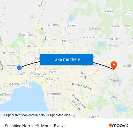 Sunshine North to Mount Evelyn map